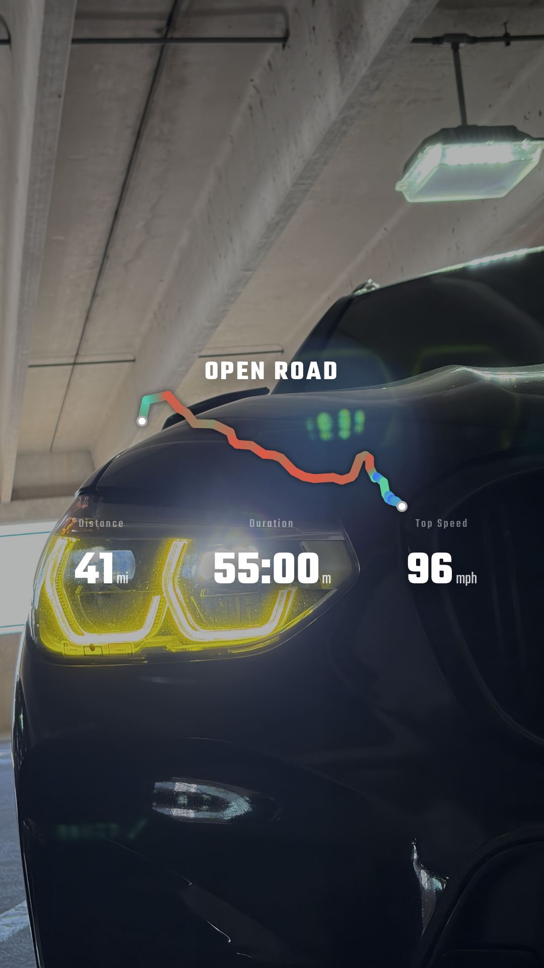 Open Road overlay on a BMW M3 headlight — 41 mi · 55:00 · 96 mph