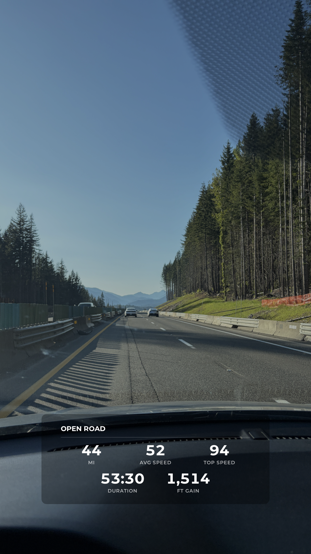 Open Road overlay on a highway POV drive — 44 mi · 52 avg · 94 top